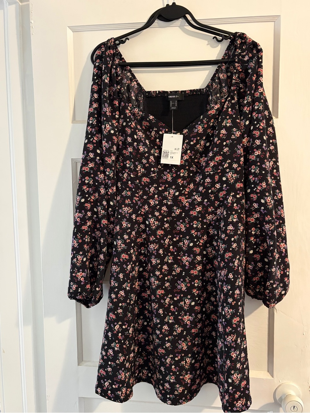 Forever 21 Black Long-Sleeve Floral Mini Dress with Pink and White Blossoms